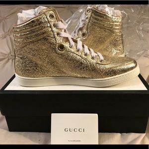 New $795 Gucci Gold White High Top Sneakers